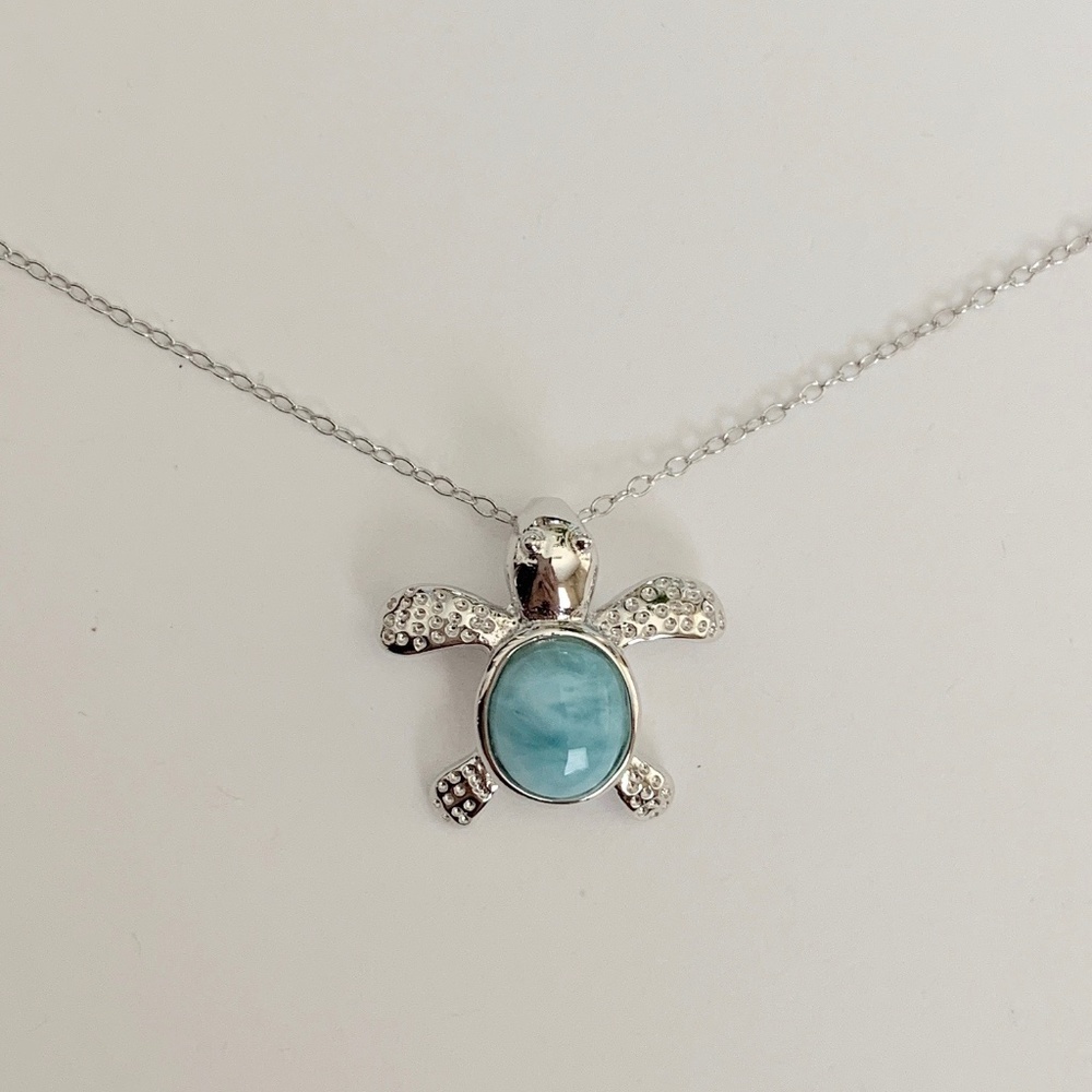 Larimar Inlay Sterling Silver Turtle Necklace 18"